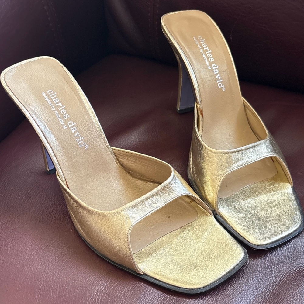 Charles David Metallic Gold Leather Squared Toe Slide Mules